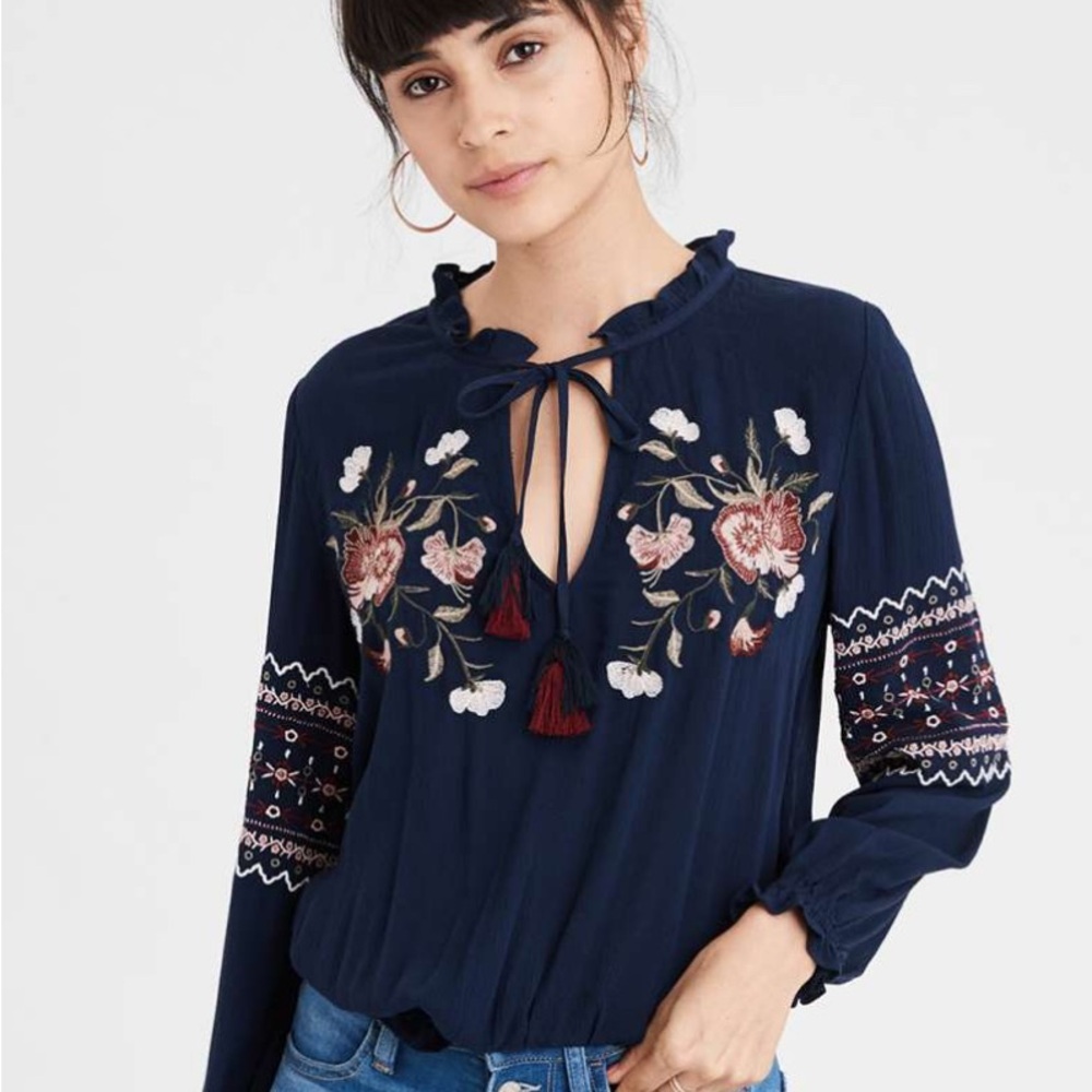 American Eagle Embroidered Navy Blue Women's Top